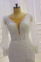 Beautiful Mermaid Long Sleeves Lace Appliques Wedding Dress With Train by misshow.com