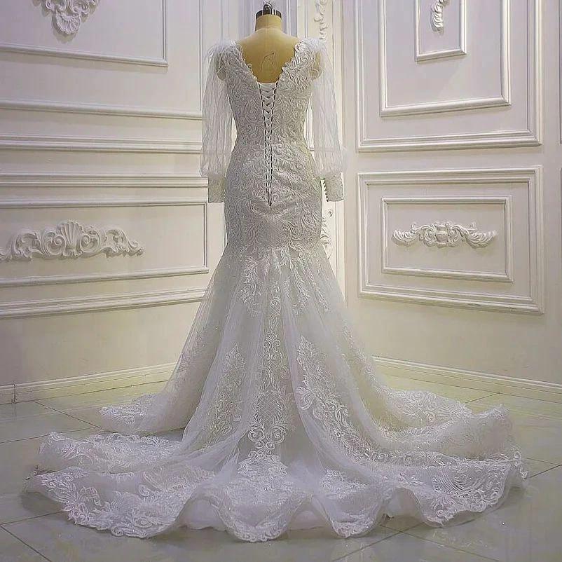 Beautiful Mermaid Long Sleeves Lace Appliques Wedding Dress With Train by misshow.com