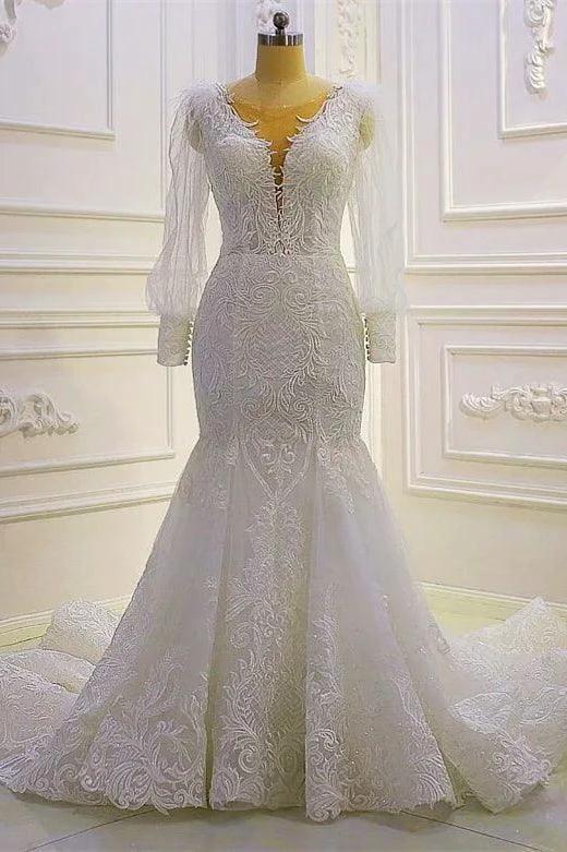 Beautiful Mermaid Long Sleeves Lace Appliques Wedding Dress With Train by misshow.com