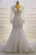 Beautiful Mermaid Long Sleeves Lace Appliques Wedding Dress With Train by misshow.com