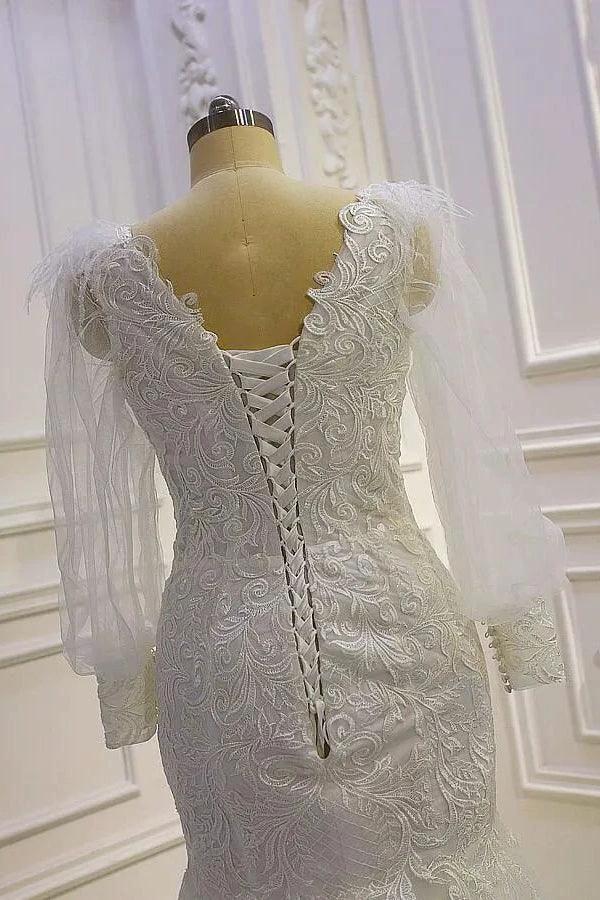 Beautiful Mermaid Long Sleeves Lace Appliques Wedding Dress With Train by misshow.com