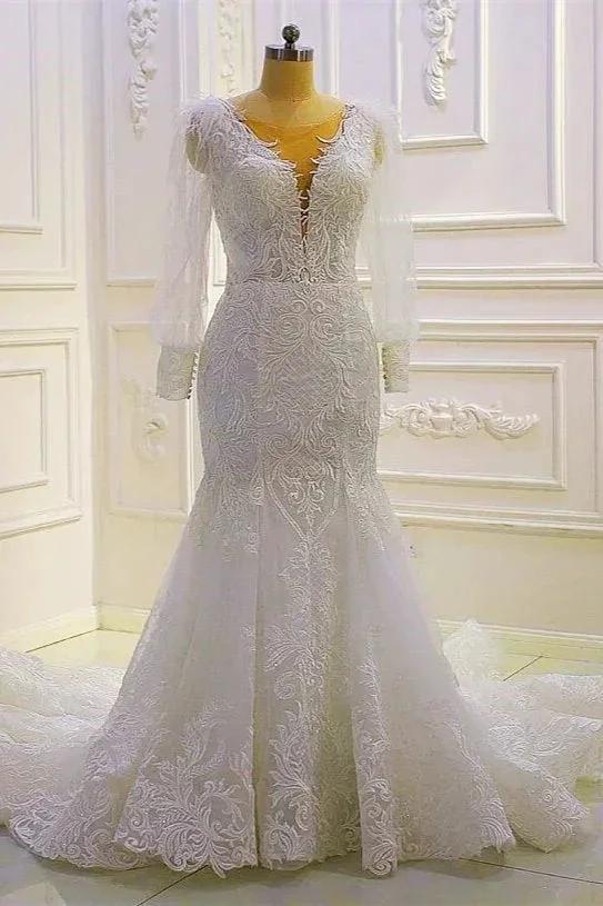 Beautiful Mermaid Long Sleeves Lace Appliques Wedding Dress With Train by misshow.com