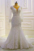 Beautiful Mermaid Long Sleeves Lace Appliques Wedding Dress With Train by misshow.com