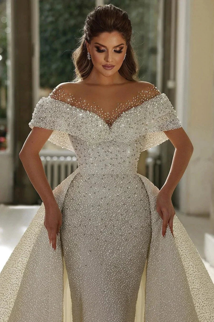 Beautiful Mermaid Panel Portrait Wedding Dresses With Beaded by misshow.com