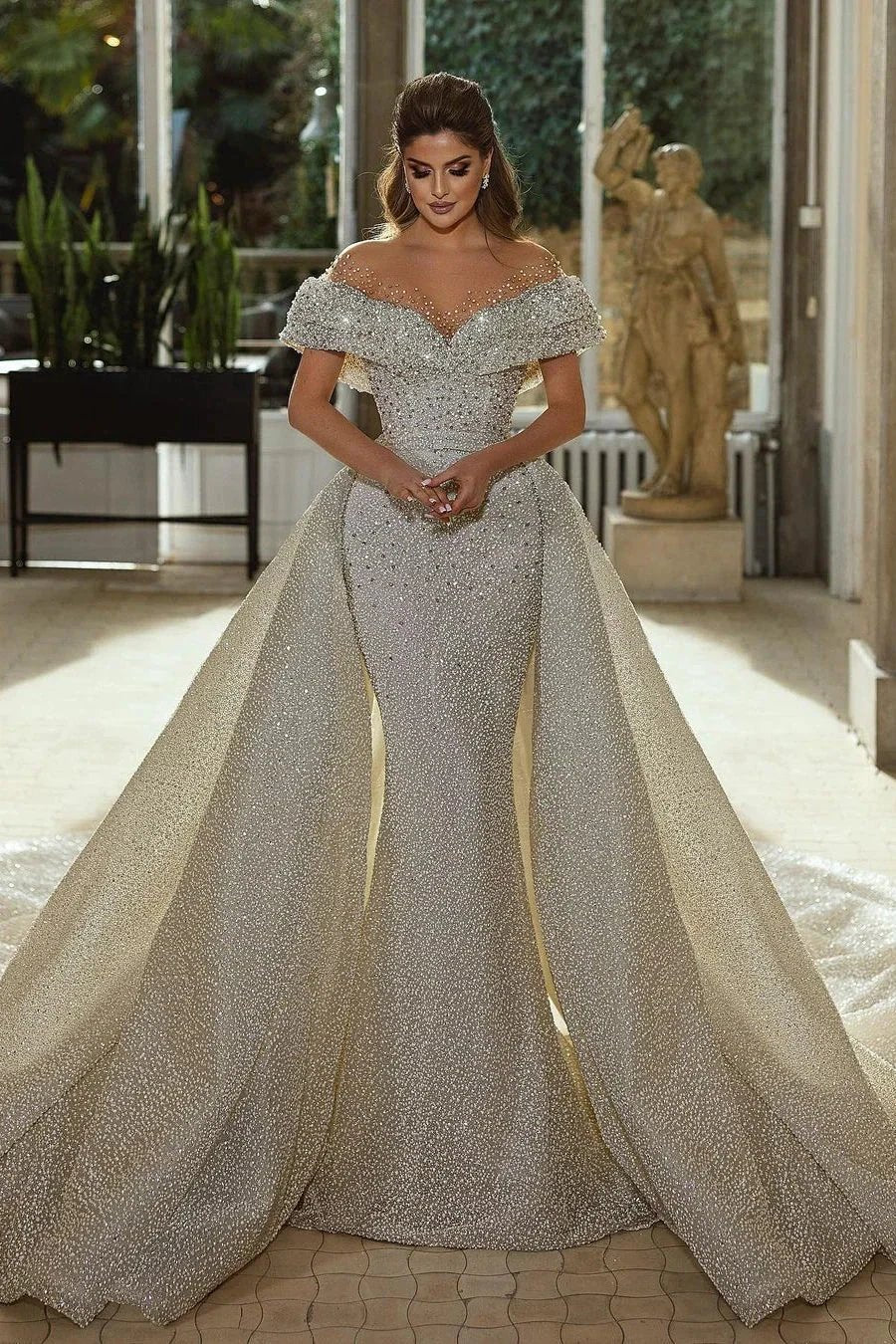 Beautiful Mermaid Panel Portrait Wedding Dresses With Beaded by misshow.com