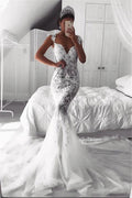 Beautiful Mermaid Straps Wedding Dress Sheer Tulle Sleeveless Appliques Bridal Wears by misshow.com