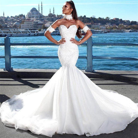 Wunderschönes Meerjungfrau-Brautkleid mit Herzausschnitt, Spitzenkleider für Hochzeiten mit Choker
