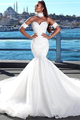 Wunderschönes Meerjungfrau-Brautkleid mit Herzausschnitt, Spitzenkleider für Hochzeiten mit Choker