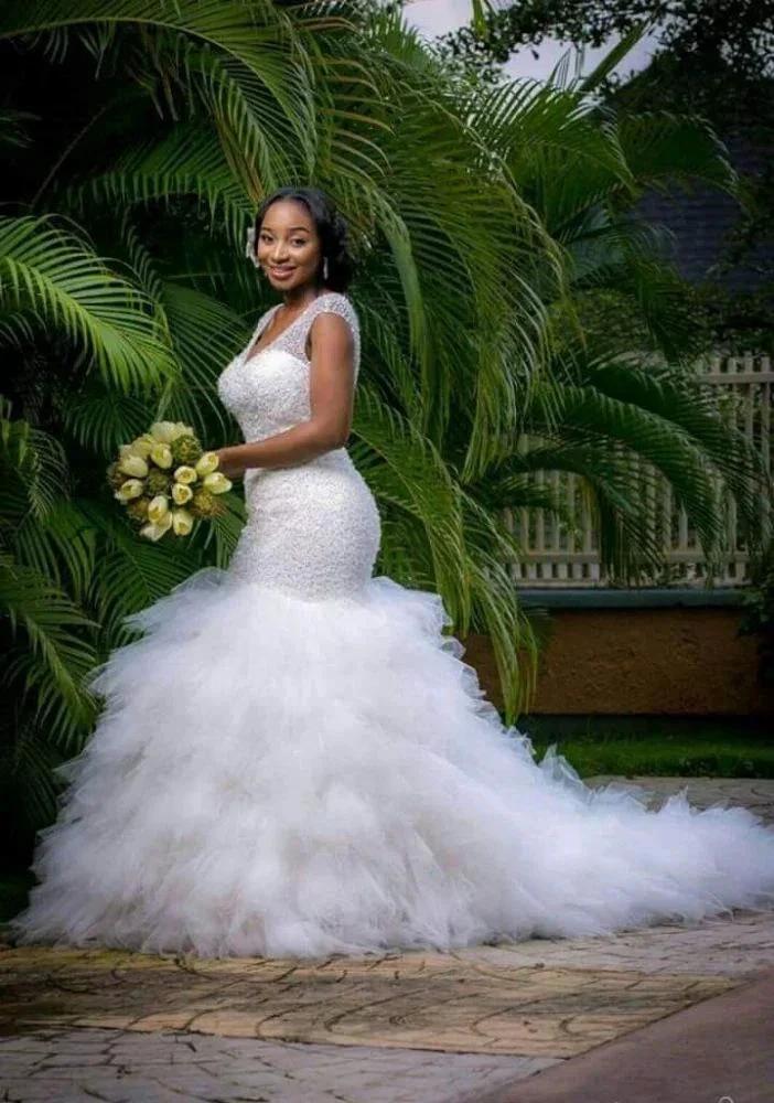Beautiful Mermaid V-Neck Wedding Dress Sleeveless Beading Bridal Gown by misshow.com