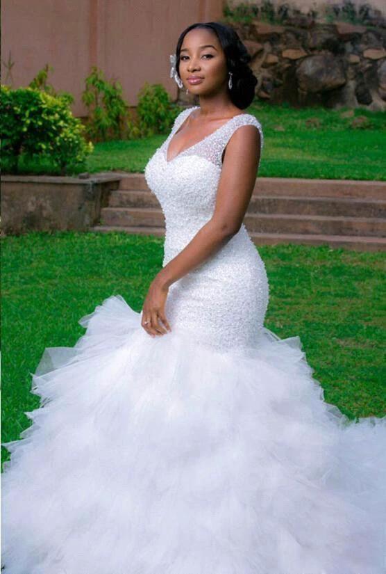 Beautiful Mermaid V-Neck Wedding Dress Sleeveless Beading Bridal Gown by misshow.com
