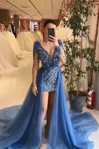 Beautiful Mini V-Neck Long Sleeveless Sheath Sequined Prom Dress with Court Train by misshow.com