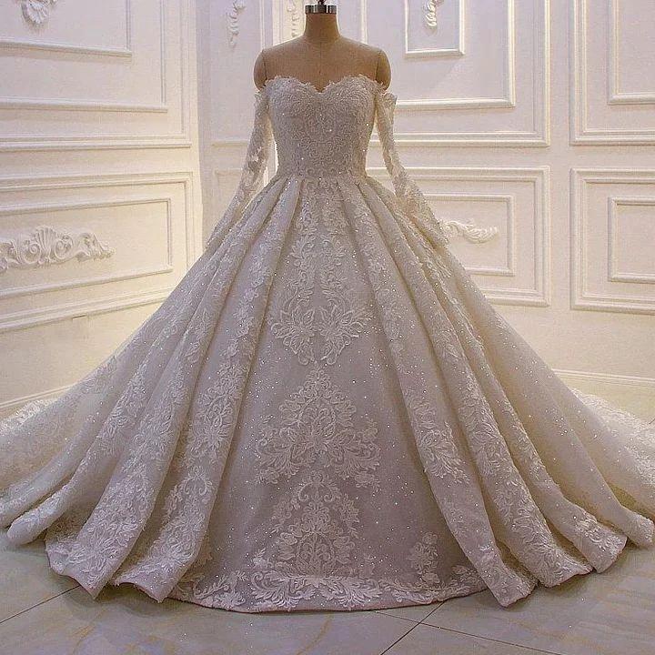 Beautiful Off-the-shoulder Long Sleeves Wedding Dress With Lace by misshow.com