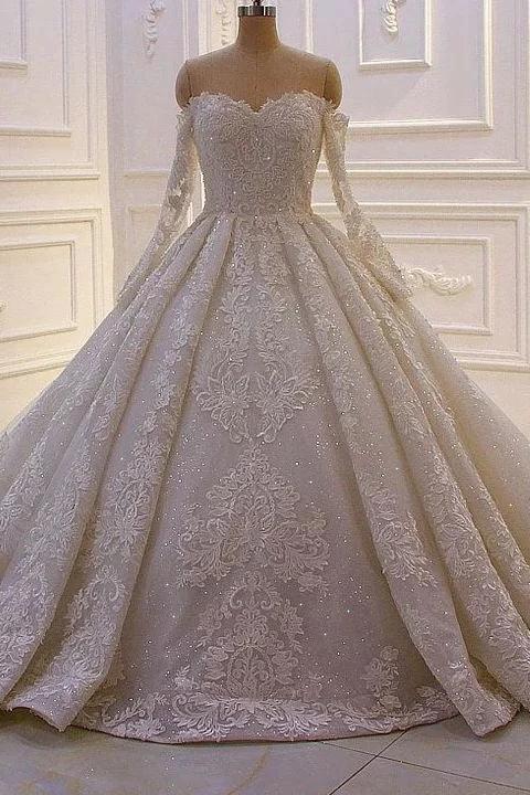 Beautiful Off-the-shoulder Long Sleeves Wedding Dress With Lace by misshow.com