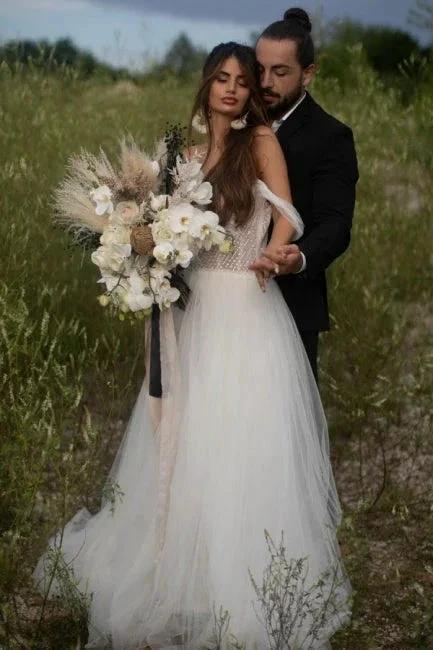 Beautiful Off-the-shoulder Sleeveless Column Floor-Length Tulle Wedding Dresses by misshow.com