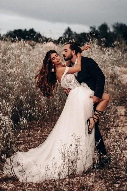Beautiful Off-the-shoulder Sleeveless Column Floor-Length Tulle Wedding Dresses by misshow.com