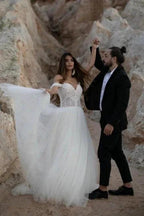Beautiful Off-the-shoulder Sleeveless Column Floor-Length Tulle Wedding Dresses by misshow.com