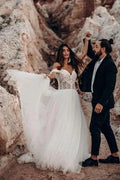 Beautiful Off-the-shoulder Sleeveless Column Floor-Length Tulle Wedding Dresses by misshow.com