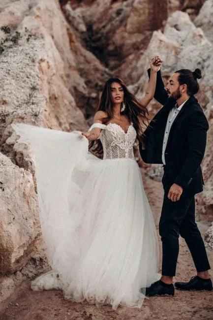 Beautiful Off-the-shoulder Sleeveless Column Floor-Length Tulle Wedding Dresses by misshow.com