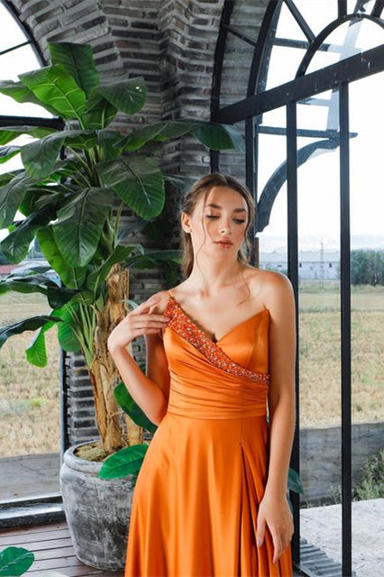 Beautiful One Shoulder Sleeveless A-line Sequined Prom Dress With Slit