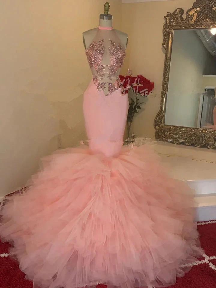 Beautiful Pink Lace High Neck Sleeveless Floor-length Mermaid Prom Dresses by misshow.com