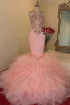 Beautiful Pink Lace High Neck Sleeveless Floor-length Mermaid Prom Dresses by misshow.com