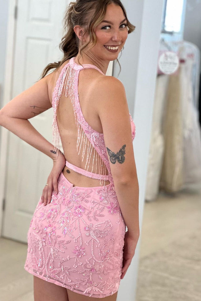 Beautiful Pink Sleeveless Halter Backless Homecoming Dress With Lace Main Image