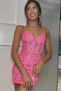 Beautiful Pink Spaghetti Straps Sleeveless Appliques Homecoming Dresses by misshow.com