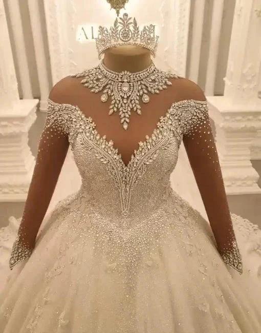 Beautiful Princess A-line Jewels Lace Wedding Dresses With Long Sleeves by misshow.com