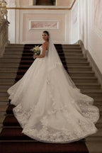 Beautiful Princess Long A-line White Strapless Wedding Dresses with Lace by misshow.com