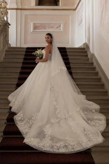 Beautiful Princess Long A-line White Strapless Wedding Dresses with Lace by misshow.com