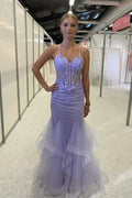 Beautiful Purple Spaghetti Straps Lace Sleeveless Prom Dress With Slit by misshow.com