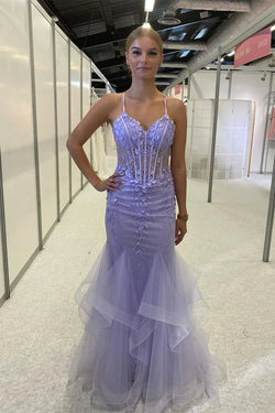 Beautiful Purple Spaghetti Straps Lace Sleeveless Prom Dress With Slit by misshow.com
