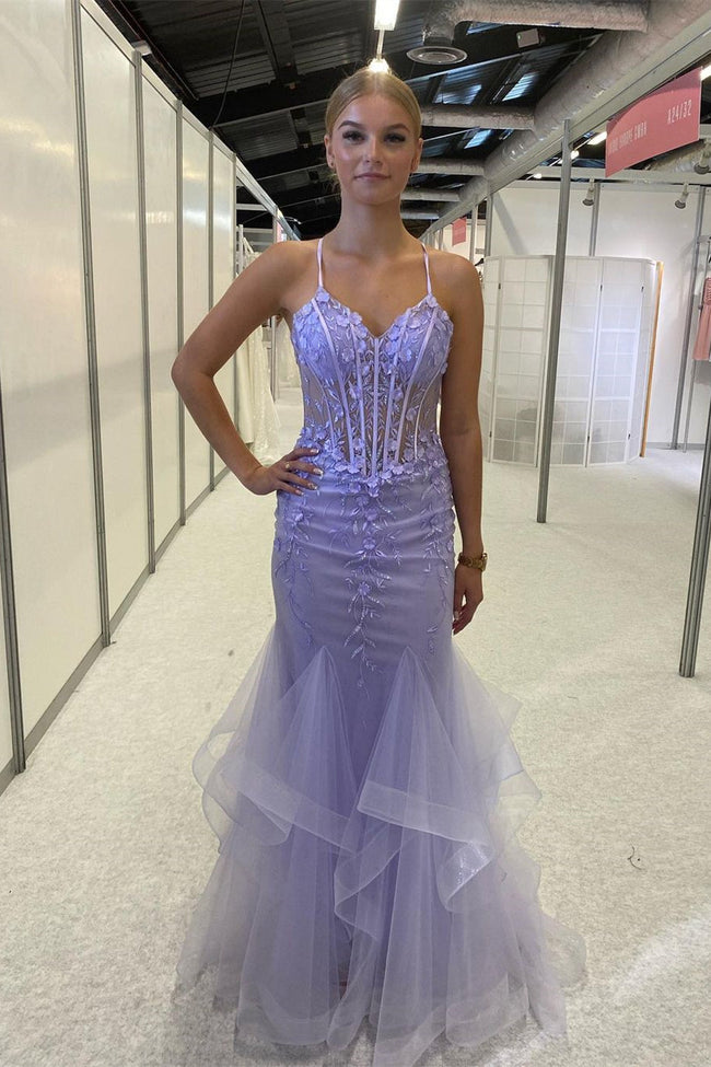 Beautiful Purple Spaghetti Straps Lace Sleeveless Prom Dress With Slit Hover Image