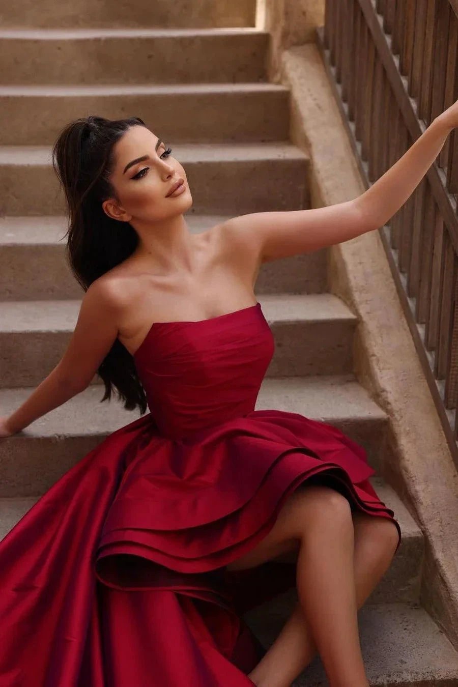 Beautiful Red A-line Sleeveless Ruffles Prom Dress With Train by misshow.com