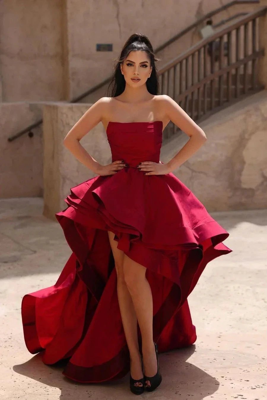 Beautiful Red A-line Sleeveless Ruffles Prom Dress With Train by misshow.com