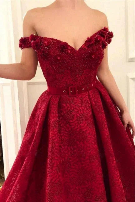 Beautiful Red Off-the-shoulder A-line Lace Prom Dress With Ruffles by misshow.com