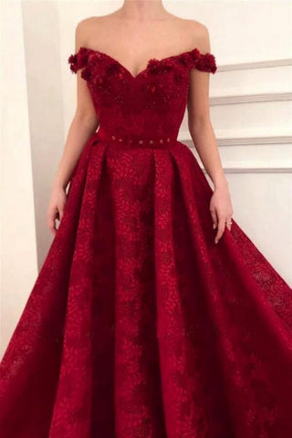 Wunderschönes rotes schulterfreies A-Linien-Ballkleid aus Spitze mit Rüschen