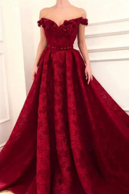 Beautiful Red Off-the-shoulder A-line Lace Prom Dress With Ruffles by misshow.com