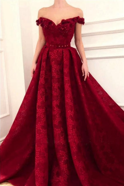 Beautiful Red Off-the-shoulder A-line Lace Prom Dress With Ruffles Hover Image