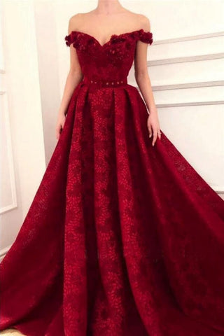 Wunderschönes rotes schulterfreies A-Linien-Ballkleid aus Spitze mit Rüschen