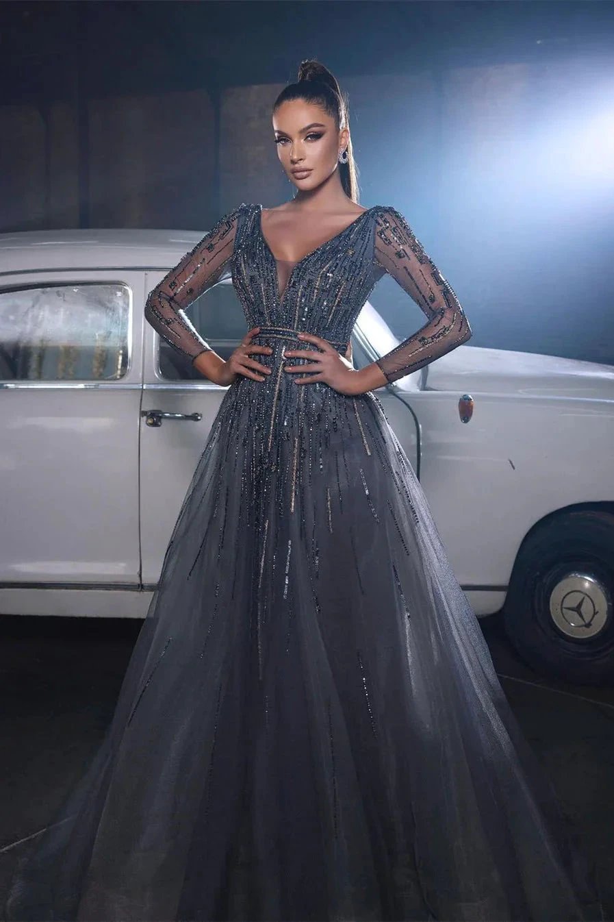 Beautiful Sequined V-neck A-line Sleeveless Prom Dress With Long Sleeves by misshow.com