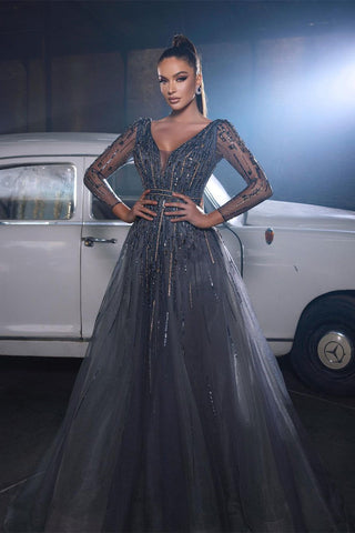 Wunderschönes ärmelloses Ballkleid mit Pailletten und V-Ausschnitt in A-Linie mit langen Ärmeln