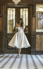 Beautiful Short A-line Glitter Off-the-Shoulder Lace Appliques Wedding Dress by BIZTUNNEL