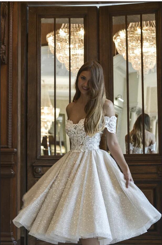 Beautiful Short A-line Glitter Off-the-Shoulder Lace Appliques Wedding Dress by BIZTUNNEL