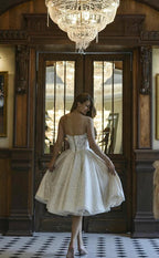 Beautiful Short A-line Glitter Off-the-Shoulder Lace Appliques Wedding Dress by BIZTUNNEL