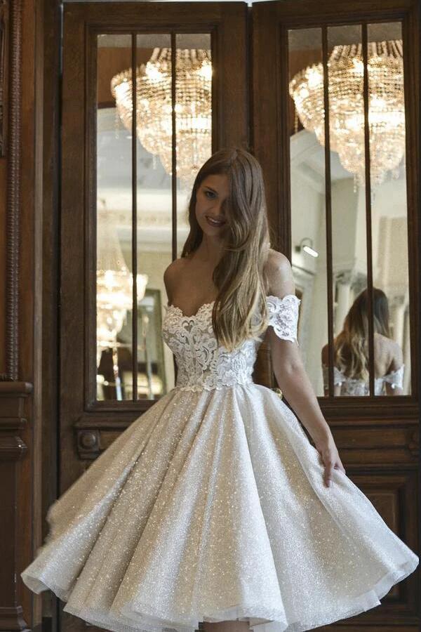 Beautiful Short A-line Glitter Off-the-Shoulder Lace Appliques Wedding Dress by BIZTUNNEL