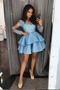 Beautiful Short A-line V-neck Appliques Lace Prom Dress with Sleeves by BIZTUNNEL