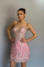 Beautiful Short Column Satin Lace Sweetheart Sleeveless Pink Homecoming Dresses With Appliques by misshow.com