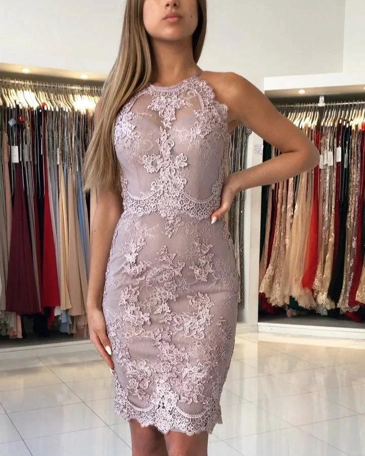 Beautiful Short Lilac Mermaid Lace Prom Dresses by BIZTUNNEL