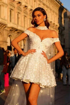Beautiful Short White Off-the-shoulder Prom Dress Lace Cocktail Dresses with Pearls by misshow.com